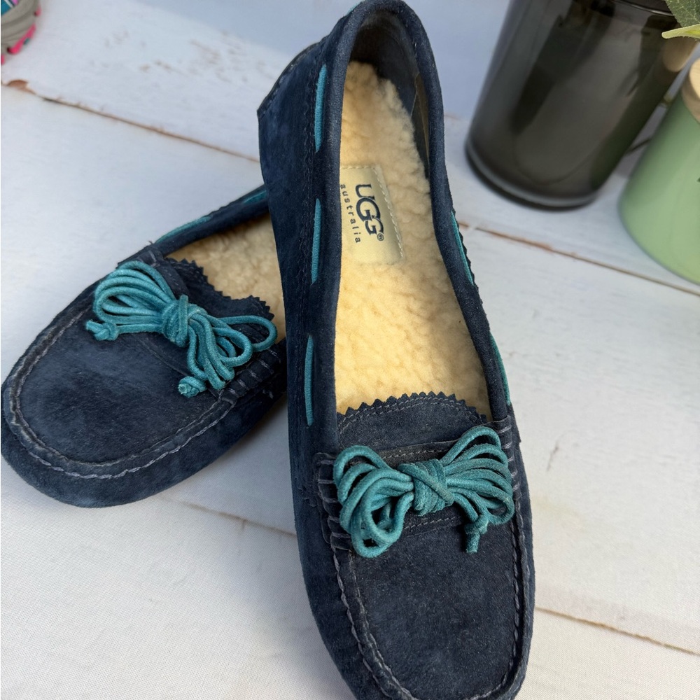 UGG Womens Size 6 Meena Blue Suede Warm Slip On Loafers Shoes Moccasins